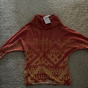 Red and Tan Cowl Neck Sweater with Nordic Pattern